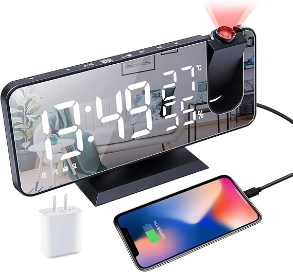 Projection Alarm Clock for Bedrooms Ceiling, Digital Clock Radio | With USB Charger Port, Temperature & Humidity Display, 7.3 Large LED Display,12/24H,Snooze,Dual Loud Clock- 4 Dimmer