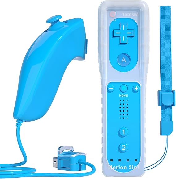 TechKen Remote Controller for Wii, Built-in 2 in 1 Motion Plus with Silicon Case and Nunchuck (Blue)