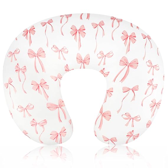 Nursing Pillow Cover, Removable Nursing Covers for Breastfeeding Pillows, Stretchy and Soft Fit for Baby Girls Boys Newborn, Pink Bow(Only Cover)