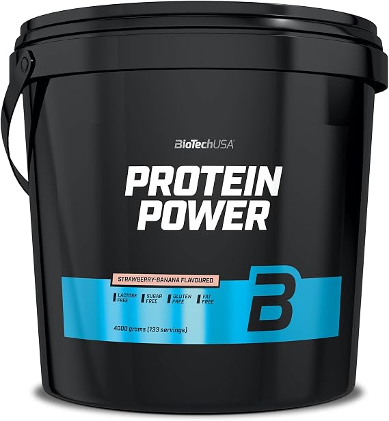 Protein Power - 8.818 lbs - Strawberry Banana - Biotech | With whey protein, soy protein isolate, calcium caseinate, sugar, lactose and gluten free, 4 kg, strawberry banana