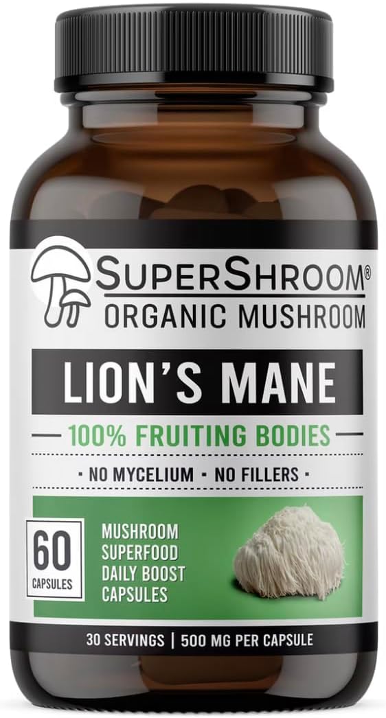 Organic Lion's Mane Capsules 500mg | 100% Fruiting Body Supplement | 60 Vegan Capsules | Third-Party Tested | UK Made by SuperShroom