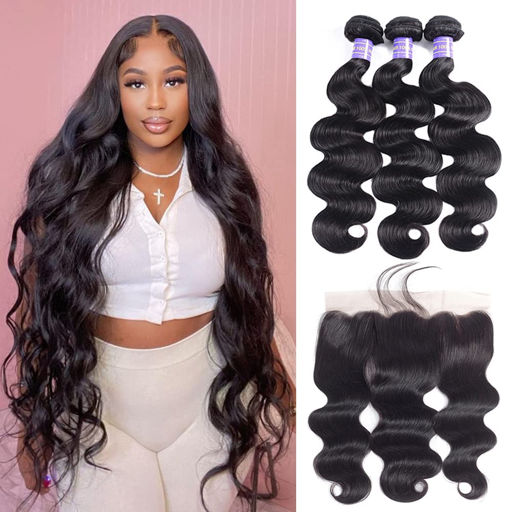 Human Hair Bundles with Frontal 22 24 2620，Free Part Body Wave Bundles with Lace Frontal Brazilian Human Hair Weave Bundles with Frontal Virgin Hair Weft 150% Density Natural Color