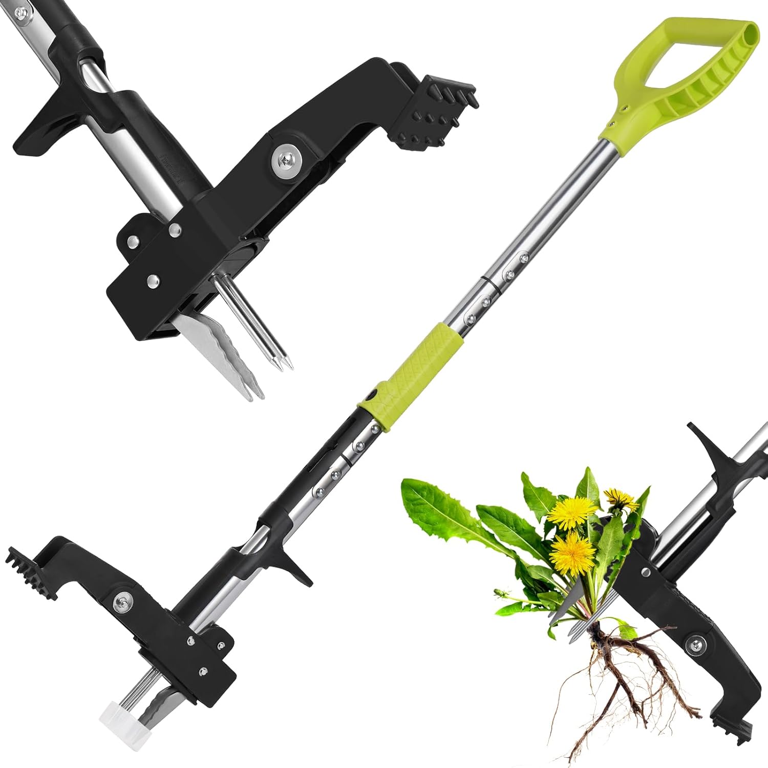 YISSVIC Weed Puller Stand-up Weed Removal Tool Stainless Steel 4-Claw with Foot Pedal, Telescopic Root Remover for Garden, Adjustable D-Shaped Non-Slip Handle | Stainless steel