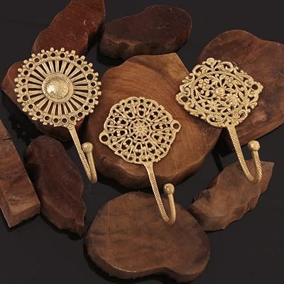 IndianShelf 3 Handmade Boho Brass Decorative Wall Hooks, Vintage Unique Gold Hooks for Hanging Keys, Towels, Bags, Coats- Shabby Chic Wall Mounted Coat Rack for Home Decor Entryway Bedroom Living Room