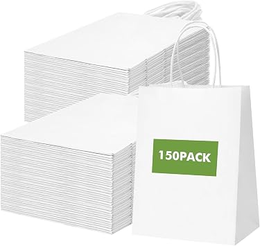 OUTUXED 150pcs White Paper Gift Bags, 8x4x10in White Kraft Paper Bags with Handles Bulk Medium Size for Valentines, Retail, Shopping, Wedding, Favor, Birthday Party, Business, Grocery