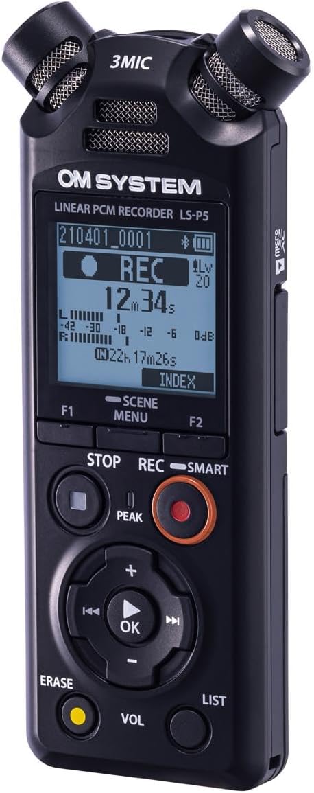 OM SYSTEM Olympus LS-P5 PCM Recorder with tresmic 3-Microphone, Bluetooth, Composite USB Microphone Mode, High Resolution Sound, Low-Cut Filter, 16GB Built-in Memory.