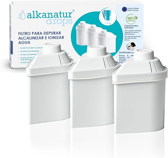 Alkanatur Filter Replacement for Pitcher (Pack of 3) - Removes Fluorides, Chlorine, Heavy Metals - Filters 400 liters of Tap Water - Replace After 3 Months - CE, ROHS, SGS Certified Water Filter