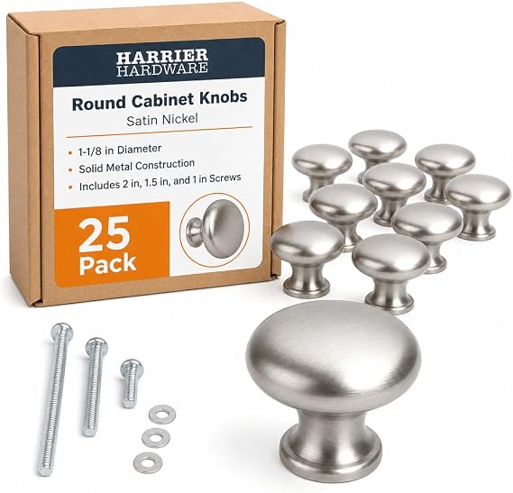 Harrier Hardware 25-Pack 1.1" Round Cabinet Knobs Brushed Nickel