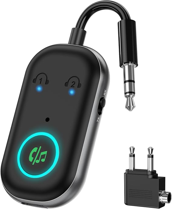 Bluetooth 5.3 Transmitter Receiver, 2-in-1 Airplane Wireless Audio Adapter with Dual Connection, 13Hr Playtime, Plug and Play, Portable Bluetooth