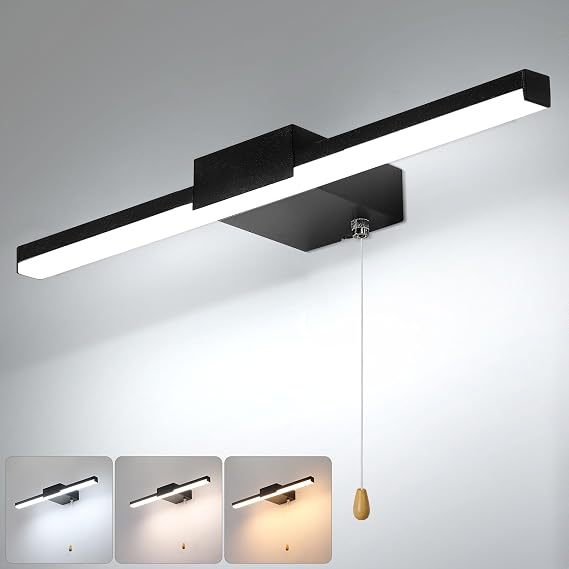 40CM Bathroom Mirror Light with Pull Cord 3 Colors Dimmable Lamps | Bathroom Wall Lights with switch 8W, IP44 Shaving&Make Up Mirror Lights Picture Lights for Living Room Black [Energy Class G]