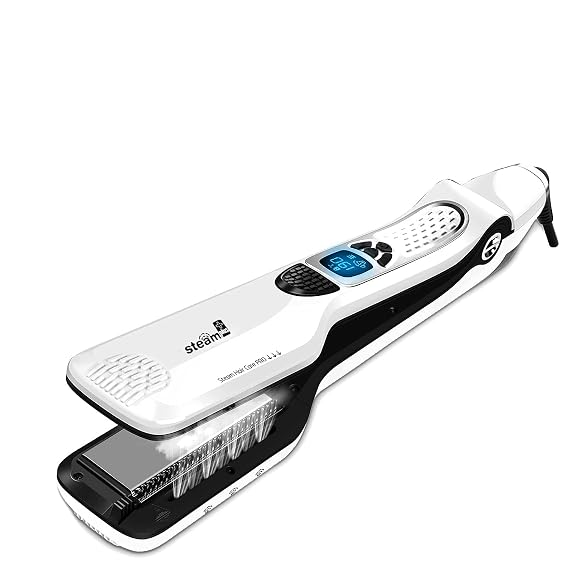 Hair Straightener with Steam,Salon Professional Nano Titanium Ceramic Steam Flat Iron with Removable Comb+Digital LCD+5 Level Adjustable Temperature+Auto Temperature Lock (White)