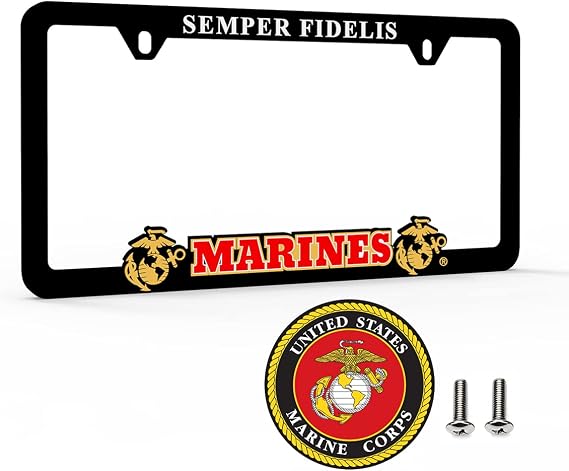 Officially Licensed Marine Corps USMC Car License Plate Frame/Universal Fit/Weatherproof ABS Plastic/Decal and Mounting Screws Included/