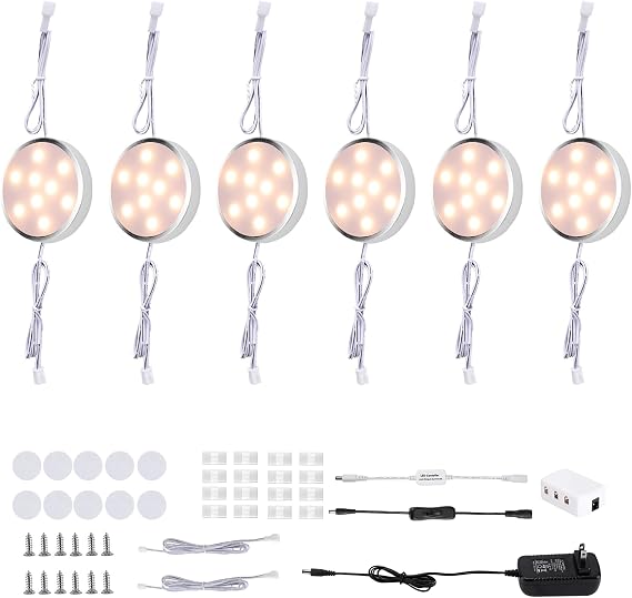 LED Under Cabinet Lighting Kit,6 Pack Linkable Puck Lights with Touch Dimmer,Wired Plug in Under Counter Lighting for Curio Bar, Kitchen, Cupboard,Bookcase,Closet Furniture (2700K Warmwhite)