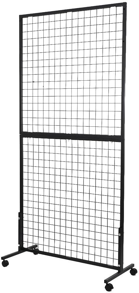 180CM Supermarket Grid Wall, Black Metal Display Rack With Wheels Gridwall Panel Tower Floorstanding for Craft Shows, Portable Retail Grid