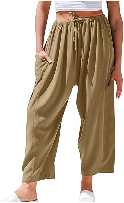 Lastesso Womens Pants Casual Wide Leg Baggy Trousers with Pockets Comfy Cotton Drawstring Travel Vacation Lounge Capris