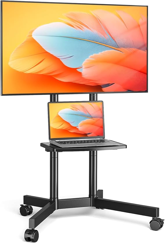 Rolling TV Stand with Upgraded Wheels for 32-75 Inch TVs, Height Adjustable Mobile TV Stand with Laptop Shelf, Mobile TV Cart with Heavy Duty Structure up to 88lbs for Living Room