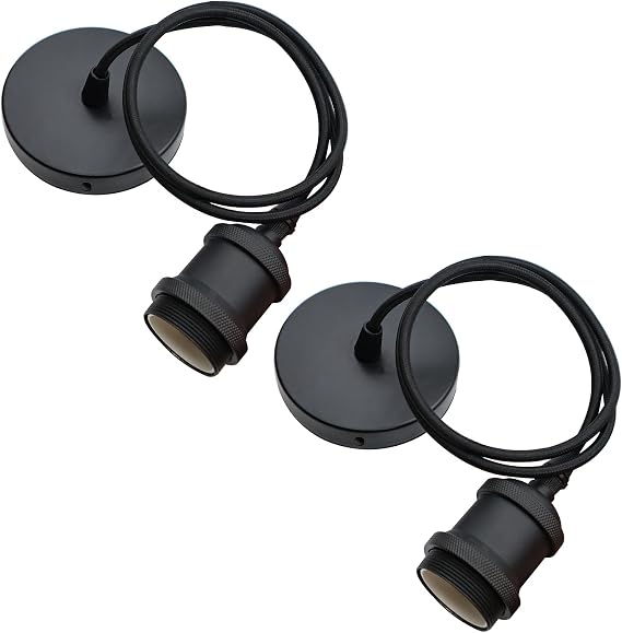 2 Pack Black Pendant Light Fitting E27 Lamp Holder for Ceiling Pendant Light 100cm Cable Hanging Light Pendant for Kitchen Hallway Bedroom (A)