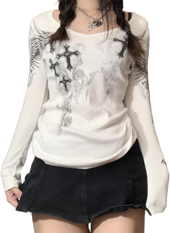 Women Y2k Fairy Grunge Graphic Tees Vintage Long Sleeve T Shirts Aesthetic Blouses Teen Girls Slim Fit Fall Tops (White# 01, S)