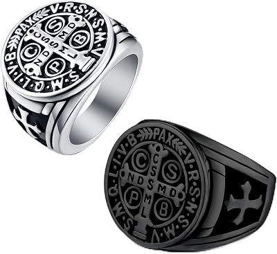 LAOYOU 2Pcs Saint Benedict Pack St. Benedict Ring and Medal Necklace for Men Stainless Steel Ghost Hunter Christian Catholic Protection Amulet Jewelry Gift for Men BlackSilver