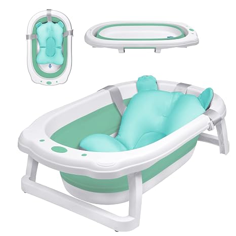 YRHome Foldable Baby Bathtub Folding Bathtub Ergonomic Bathtub Children's Bathtub 82 x 50 x 20 cm Bath Tub Non-Slip with Drain Bath Pillow for Newborns (Green with Cushion)