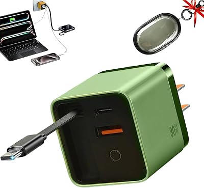 3 in 1 Charger, Scalable 80W MAX Fast Charger Module with Type-C Cable and 2 USB Ports, Cell Phone Tablet Chargers & Power Adapters, Retractable Phone Charger Wall Plug Green