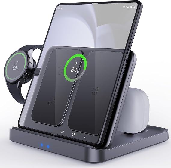 15W 3 Dual Coil, 3-in-1 Wireless Charger, Foldable, Rapid Charging, 15W/10W/7.5W/5W, Simultaneous Charging, Compatible with iPhone/Galaxy Watch/Galaxy Buds, iPhone 15/14/13/12/11/8/XR/XS Z Fold2-Fold7 Series, Flip 2-Flip 7 Series, S22-S25 Series