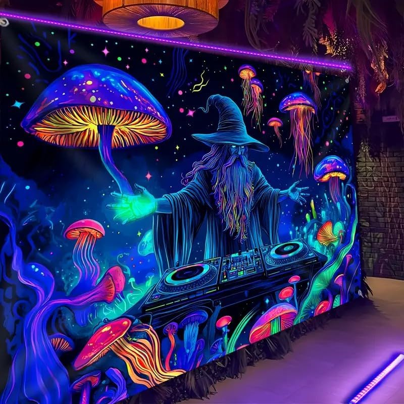 NEW-YIJUNSHUN Wizard Blacklight DJ Tapestry 300x180CM UV Reactive Black Light Music Glow in The Dark Poster Hippie Wall UV Tapestry for Bedroom Decoration Living Room Artwork Home Room Party Backdrop