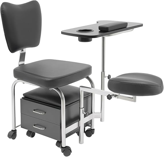 Adjustable Height Manicure Table and Chair Set with Storage, Folding Nail Salon Station Pedicure Spa Chair, Mobile Beauty Table Workstation with Wheels, Drawers, Footrest & Hand Tray - for Home Salon