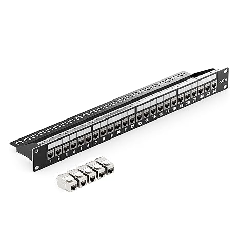 Shielded Patch Panel, 24 Port, 1U 19 inch Rack Mountable | CAT6a Compatible, CAT5 CAT6 Compatible, Shielded Keystone Coupler, Tool-Free Module
