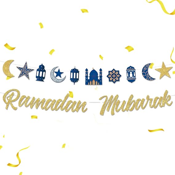 Ramadan Banner, Ramadan Mubarak Banner, Ramadans Bunting Decorations with Blue and Gold Stars Moon Lantern Ramadans Eid Mubarak Bunting for Islamic Muslim Party Supplies Decorate