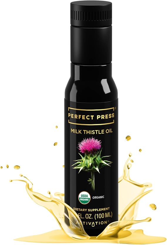 ACTIVATION Products - Perfect Press Milk Thistle Oil, Milk Thistle Extract for Natural Detox and Blood Circulation, Pure Milk Thistle Liquid for Heart Health, Milk Thistle Supplement, Non GMO, 100 ml | Cold-pressed for natural wellness. Use in cooking, skincare, or haircare. Additive-free, in Miron glass