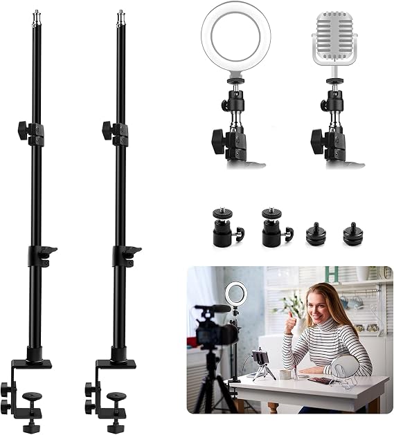 Obeamiu 2 Pack C Clamp Desk Mount Light Stand with 1/4" Ball Head and Hot Shoe Mount Adapter, 21-45 Inch Adjustable Tabletop Bracket Stand for DSLR Camera, Ring Light, Video Monitor, Microphone Webcam