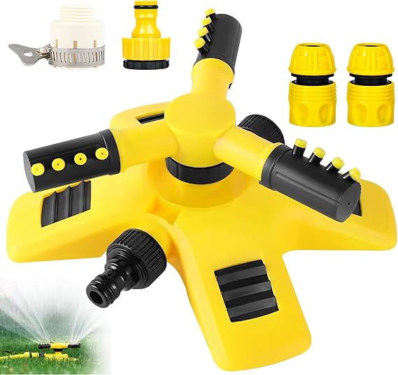 Automatic Garden Sprinkler with Hose Attachment, Adjustable Rotation Lawn Water Sprinklers, 360° 3-Arm ​​Rotating Lawns Watering System for Outdoor Grass, Plants, Flowers, Veggies Irrigation(Yellow)