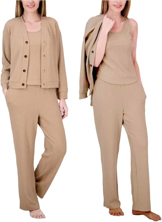 Women's 3 Piece Textured Cable Knit Lounge Set (US, Alpha, X-Large, Regular, Regular, Tan)
