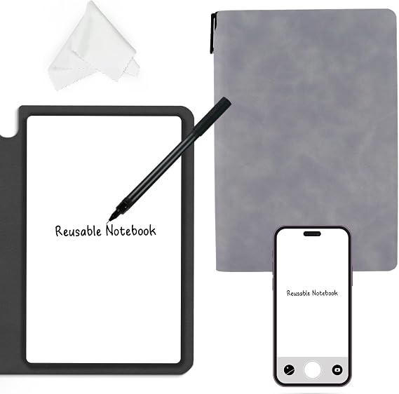 Reusable Whiteboard Notebook, A5 Erasable Smart Notebook, Portable Sketchbook with Wipe Cloth and Writing Pen for Students Kids Teacher