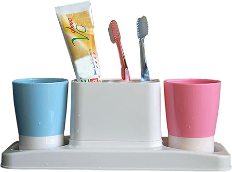 Bathroom Toothbrush Toothpaste Stand Organizer Plastic Storage Rack Set (2 Cups) (Blue+Pink)