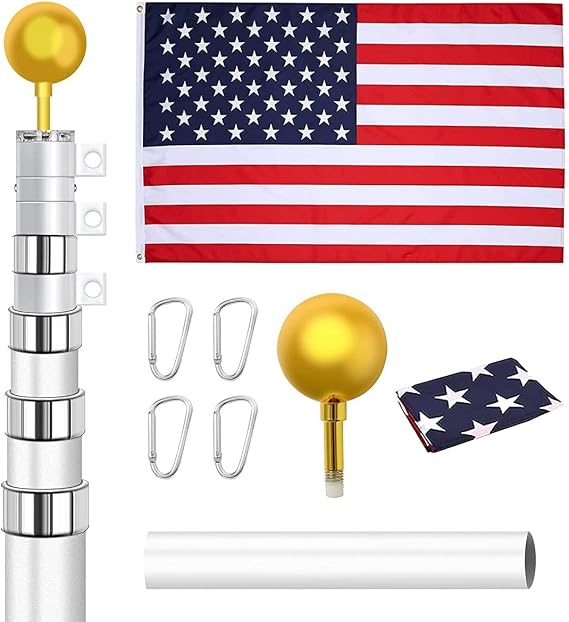 Elevens 25ft Telescoping Flag Pole Kit, Heavy Duty Aluminum Telescopic Flagpole for Outside in Ground with American Flag and Ornament Ball for Yard, Residential or Commercial, Silver,A-GE06007