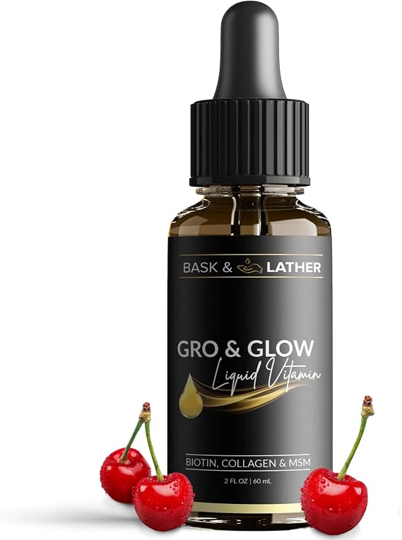 BASK & LATHER Gro & Glow Liquid Vitamin, Liquid Collagen for Women, Natural Ingredients with Collagen, Biotin, Msm, Beauty Supplement, Helps Support Healthy Hair, Skin & Nails, Cherry Flavor, 2 FL Oz