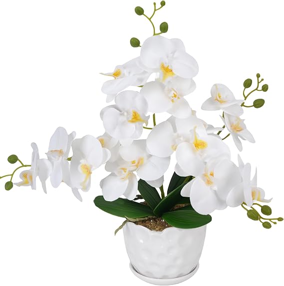 Orchids Artificial Flowers with Ceramic Planter, Faux Orchid in Pot, White