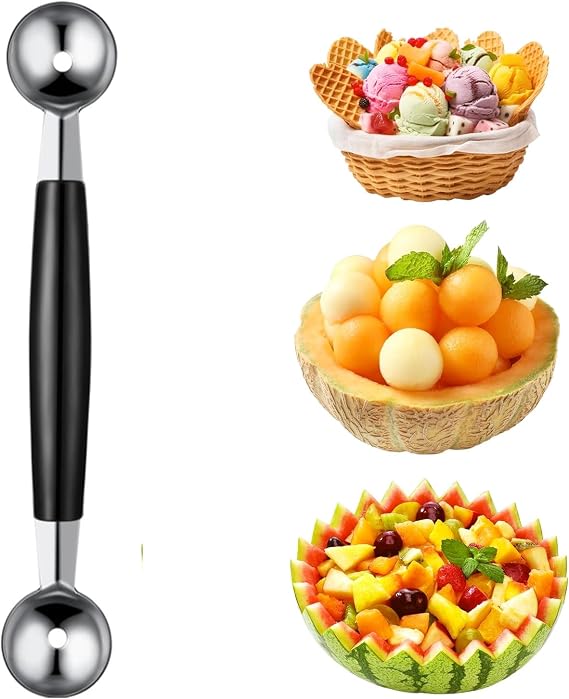 Double-Sided Fruit Melon Baller Spoon, 2 in 1 Stainless Steel Melon Ballers Melon Scoop for Watermelon Cantaloupe Ice Cream,18cm, Black/Silver