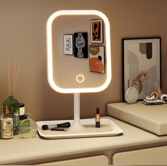 DUFFA Led Işıklı Ayarlabilir Makyaj Aynası, USB Şarj Edilebilir, 3 Işık Fonksiyonu, Parlaklık Ayarlı ve Organizer Tabanlı Taşınabilir Kozmetik Ayna (Beyaz)