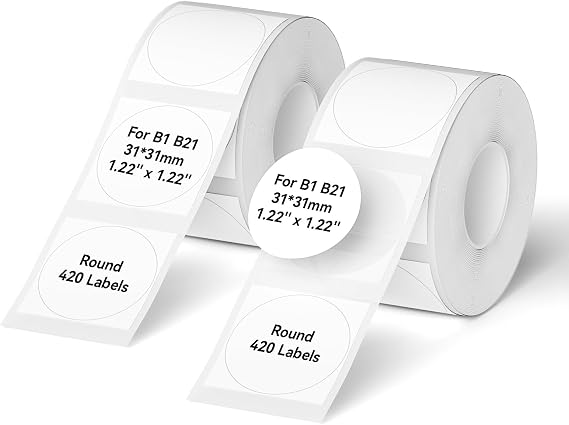 NIIMBOT B21 Label Maker Tape B1 Round Label Paper 3131 mm 210 Labels/Roll, White 2-Rolls