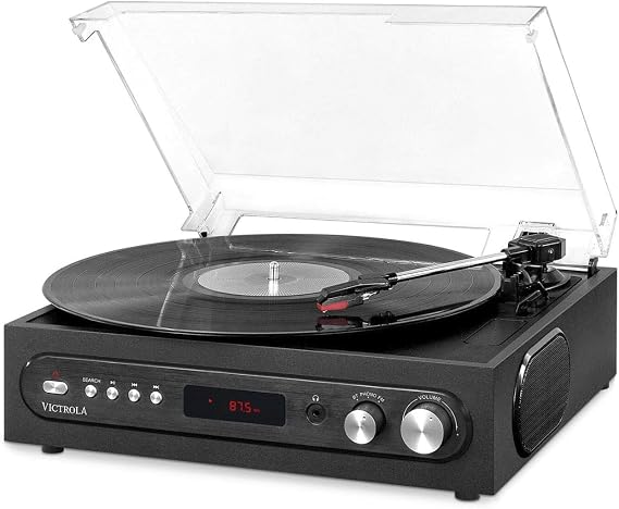 Victrola 3-in-1 Turntable 3-Speed (33 1/3, 45, 78 RPM) Bluetooth Record Player with FM Radio, Built-In Stereo Speakers, 3.5 Aux In & RCA Output, Wireless Music Streaming, Dust Cover (Black)