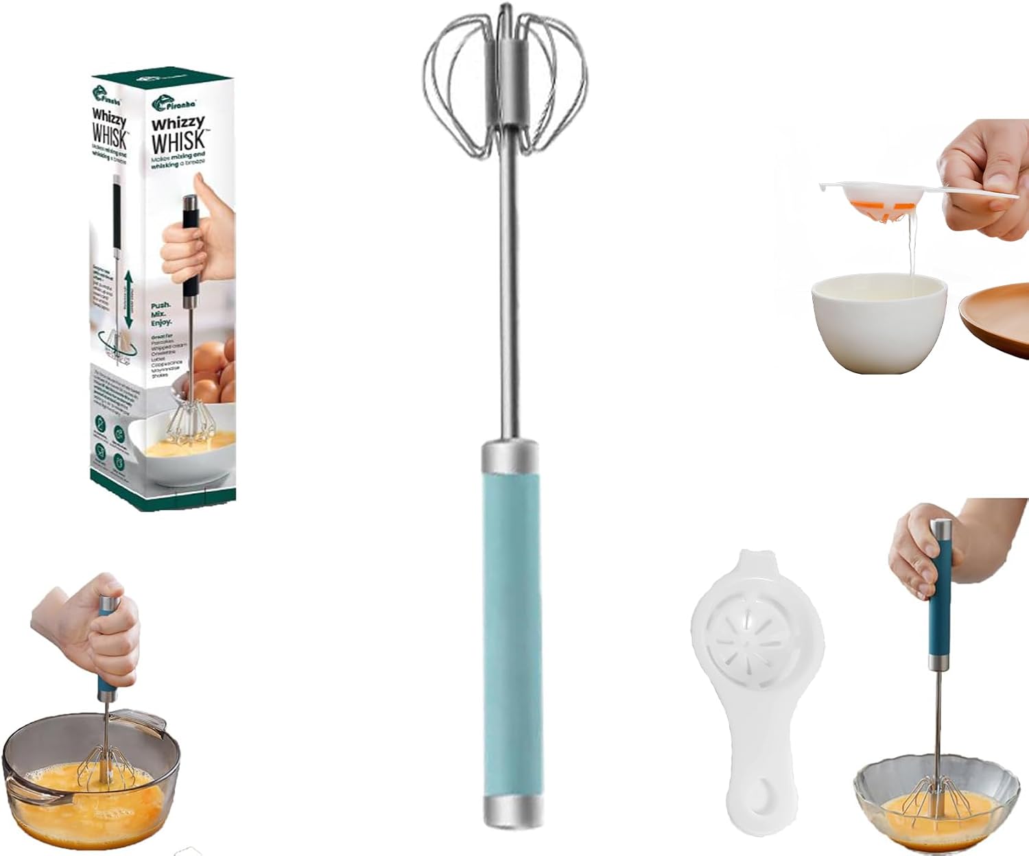 Whizzy Whisk, Whizzy Whisk Pro Piranha, Stainless Steel Semi-Automatic Whisk, Stainless Steel Hand Mixer Blue 10in