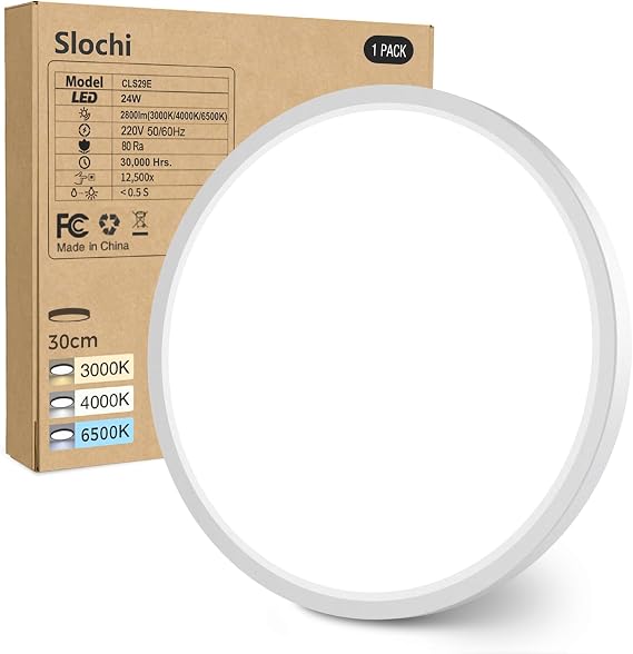 slochi Bathroom Light, 3000K/4000K/6500K 3 Color Temperature, Waterproof, Small, Round, Modern, Flush Ceiling Light for Bathroom, Kitchen, Bedroom, Hallway and MoreØ30CM(White)