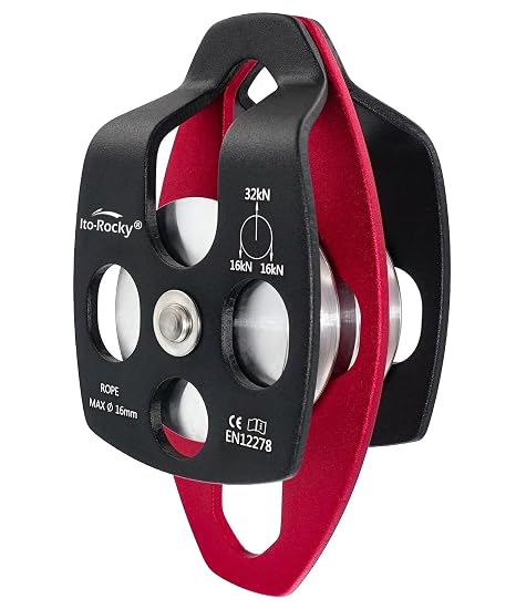 Double Sheave Pulley 32 kN CE Certified Rescue Climbing Gear with Swing Plate for Progress Capture System Rigging Hauling Arborist Tree - Black