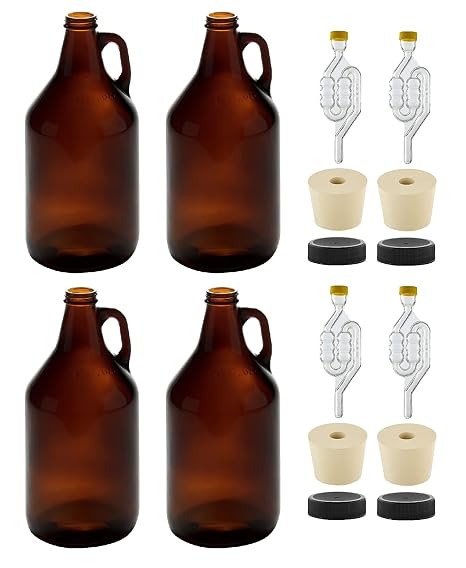 North Mountain Supply 1/2 Gallon (64 Ounces) Amber Glass Fermenting Jug with Handle, 6.5 Rubber Stopper, 6-Bubble Airlock, Black Plastic Lid - Set of 4