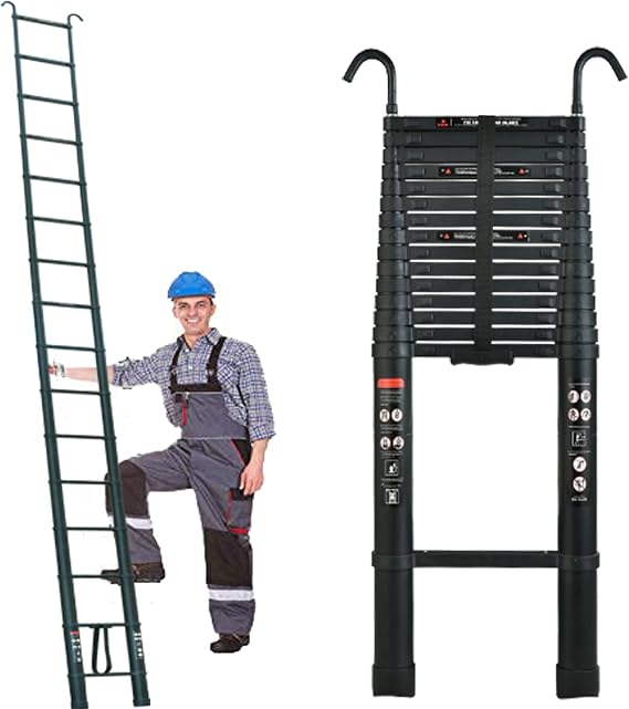 6.2M Aluminum Telescopic Ladder with Hooks 20.3FT Black Folding Multi-Purpose Ladder Extendable Loft Ladder Lightweight Portable Collapsible Ladder Telescoping Extension Ladder, Max Load 150kg, EN131