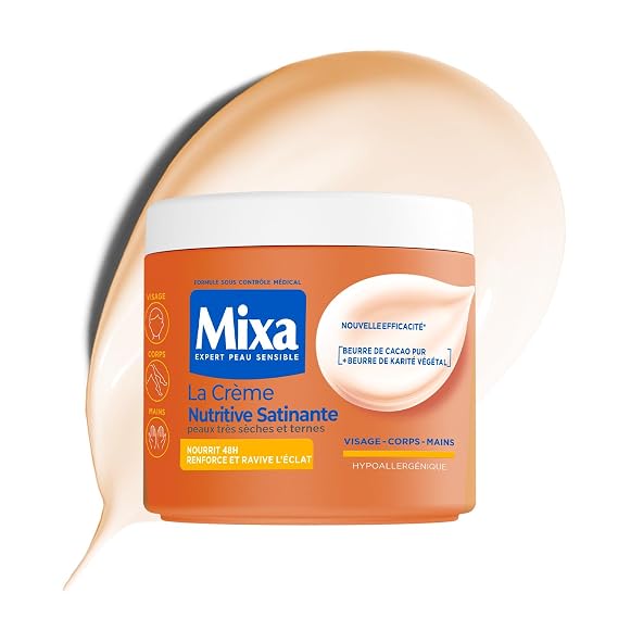 Mixa - Moisturizing Anti-Greyness Cream - Intensely nourishes 48 hours & revives radiance - Pure Cocoa Butter & Shea - Very Dry, Matte to Dark Skin - 400 ml