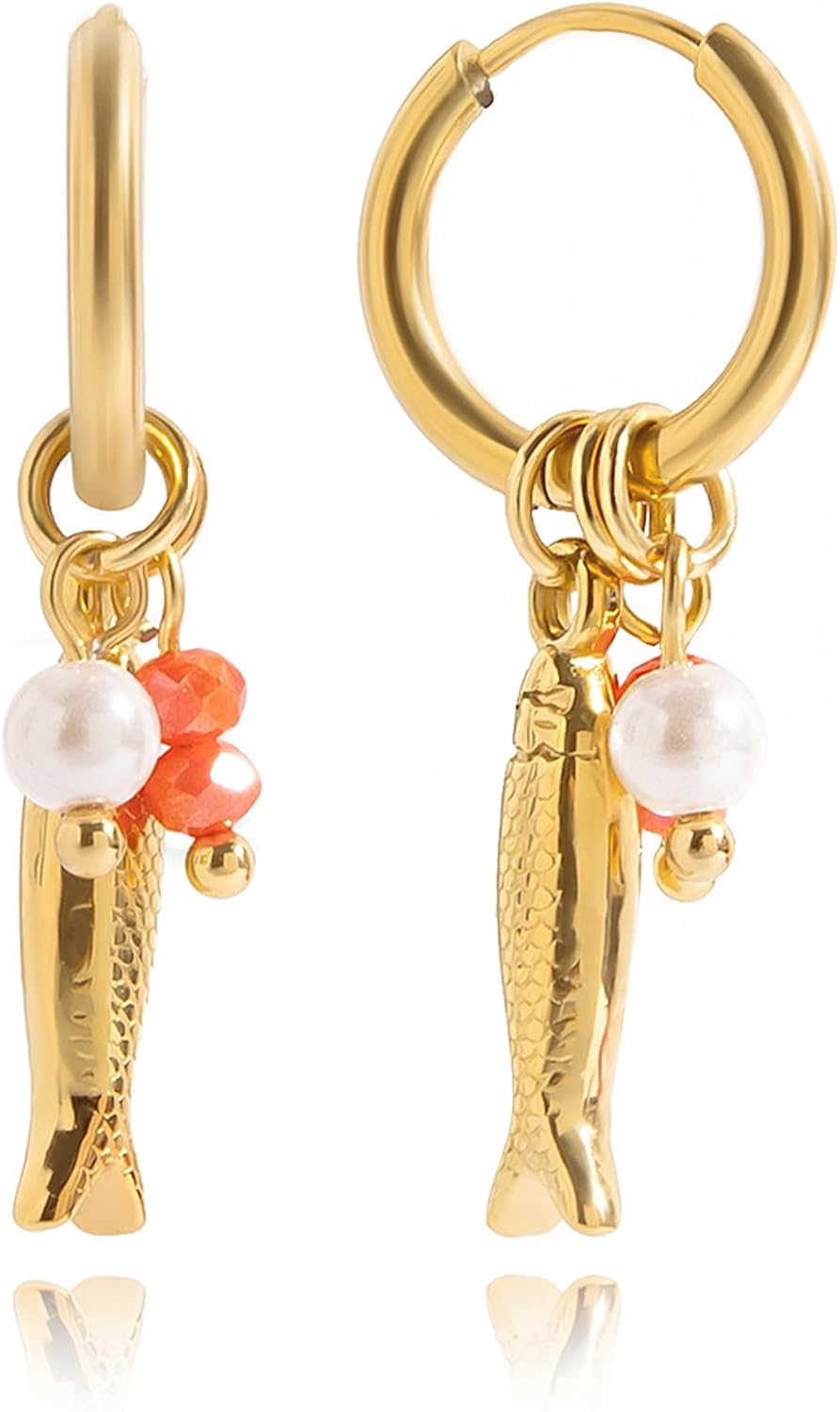 Beach Gold Fish Earrings for Women - Boho Pearl Red Bead Fish Earrings, Bohemian Beach Jewelry | Ocean Waterproof Beachy Jewelry for Vacation